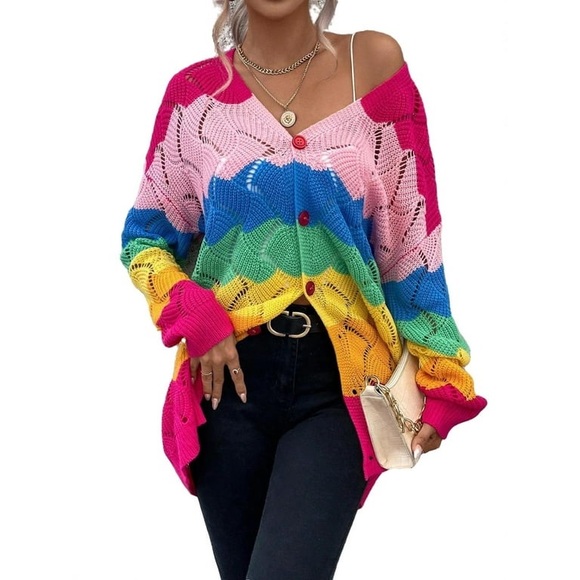 Casual Rainbow Stripe V neck Long Sleeve Multicolor Women Cardigans (Women's) - Picture 2 of 6